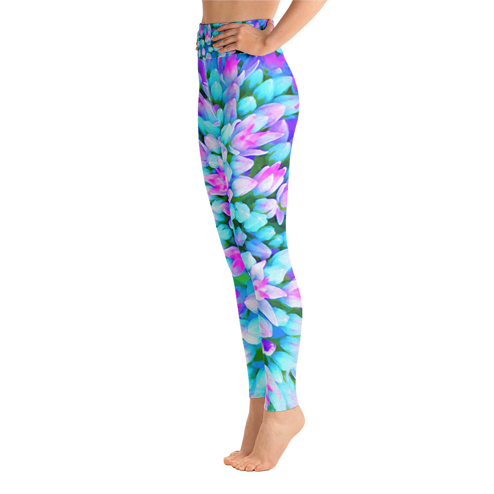 Yoga Leggings for Women, Blue and Hot Pink Succulent Sedum Flowers Detail