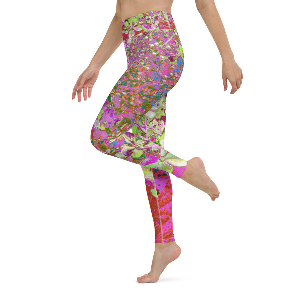 Yoga Leggings for Women, Elegant Chartreuse Green, Pink and Blue Hydrangea