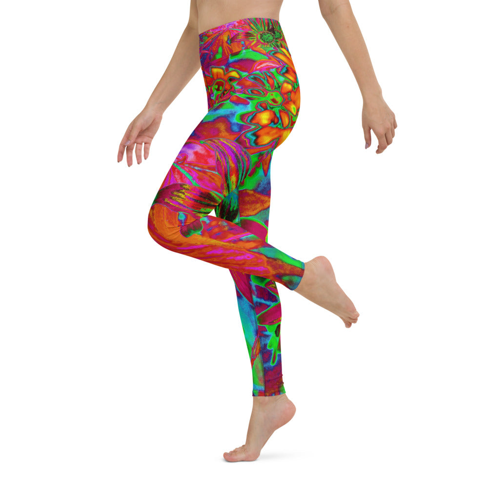 Yoga Leggings for Women, Psychedelic Groovy Red and Green Wildflowers