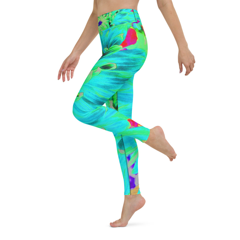 Yoga Leggings for Women, Unique Abstract Turquoise Green Dahlia Flower