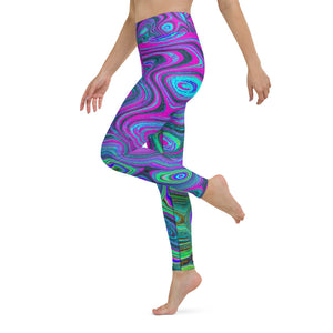 Yoga Leggings for Women, Marbled Magenta and Lime Green Groovy Abstract Art