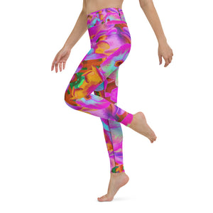 Yoga Leggings for Women, Hydrangea Flower Petals in Aqua, Magenta and Orange