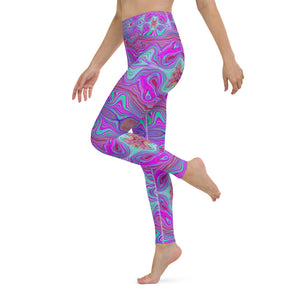 Yoga Leggings for Women, Wavy Magenta and Green Trippy Marbled Pattern