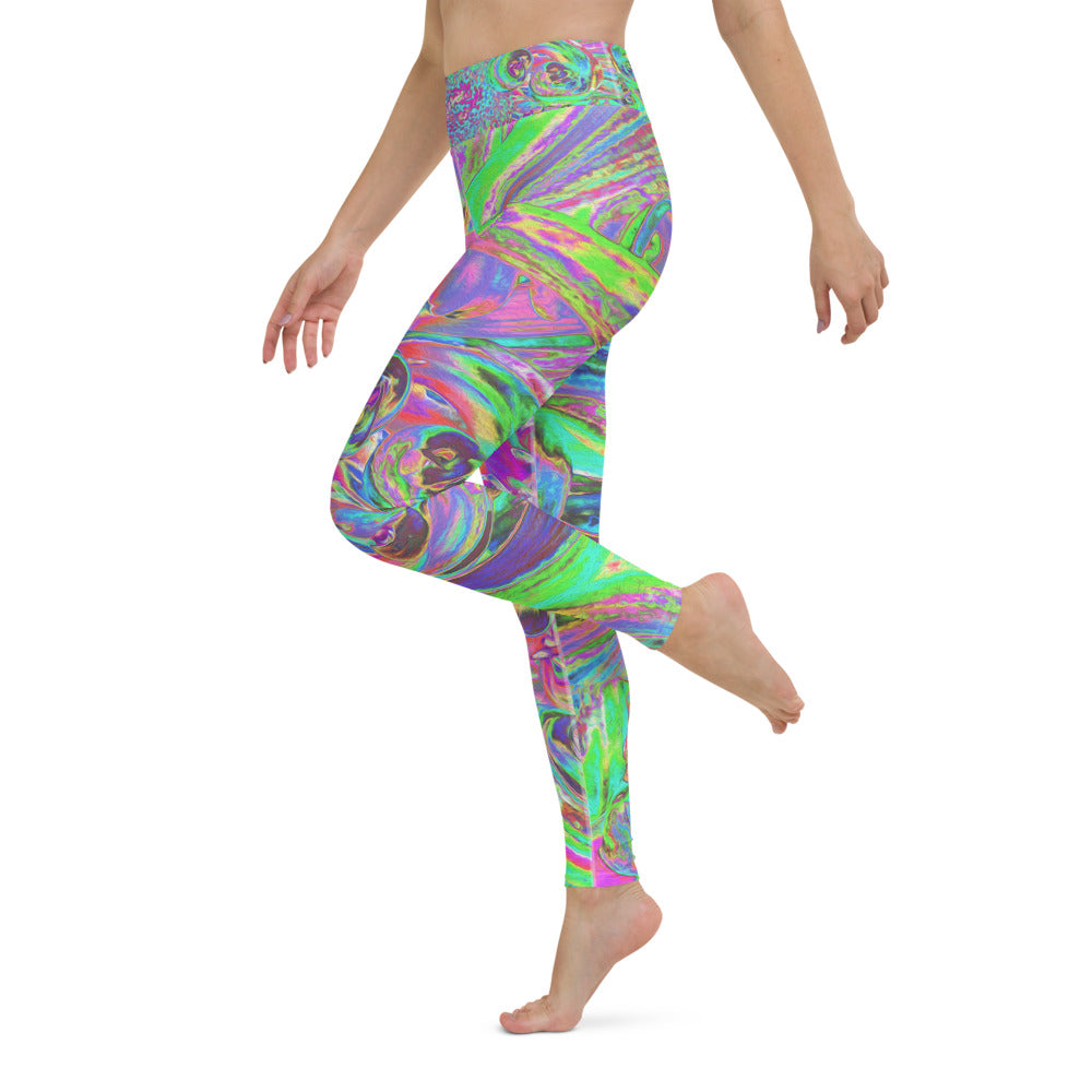 Yoga Leggings for Women, Festive Colorful Psychedelic Dahlia Flower Petals