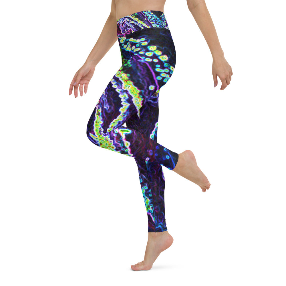 Yoga Leggings for Women, Graphic Black White Blue and Green Rose Detail