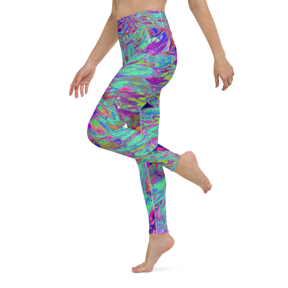 Colorful Yoga Leggings, Aquamarine Rainbow Color Abstract Dahlia Flower