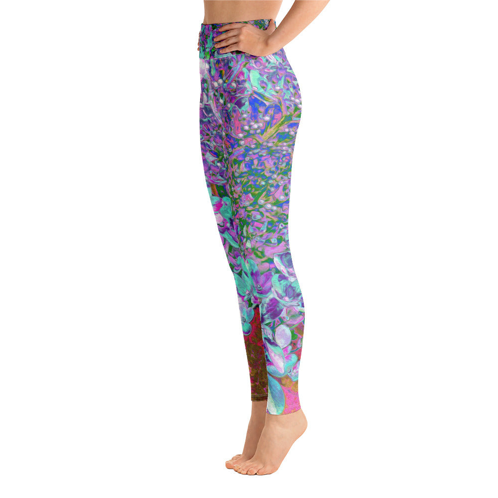 Yoga Leggings for Women, Elegant Aqua and Purple Limelight Hydrangea Detail