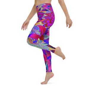 Floral Yoga Leggings for Women, Psychedelic Retro Crimson and Magenta Wildflowers