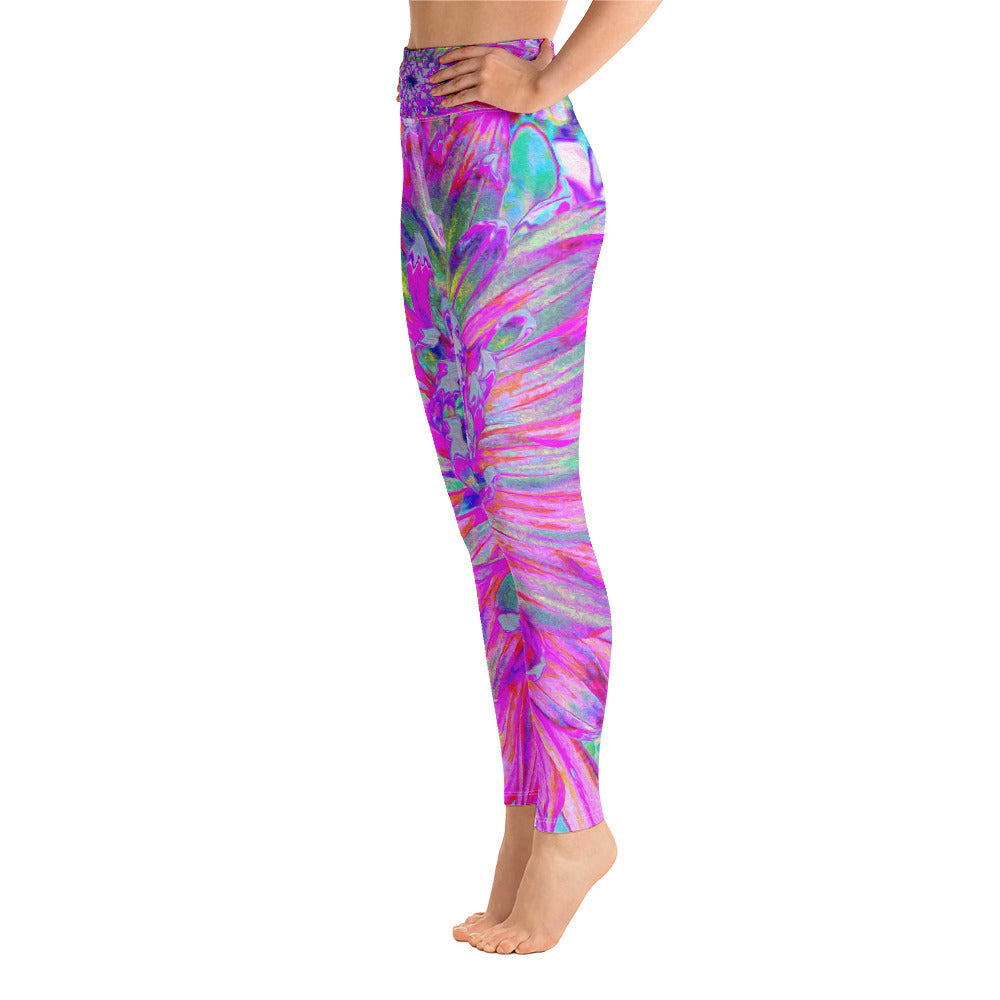 Yoga Leggings for Women, Cool Pink Blue and Purple Artsy Dahlia Bloom