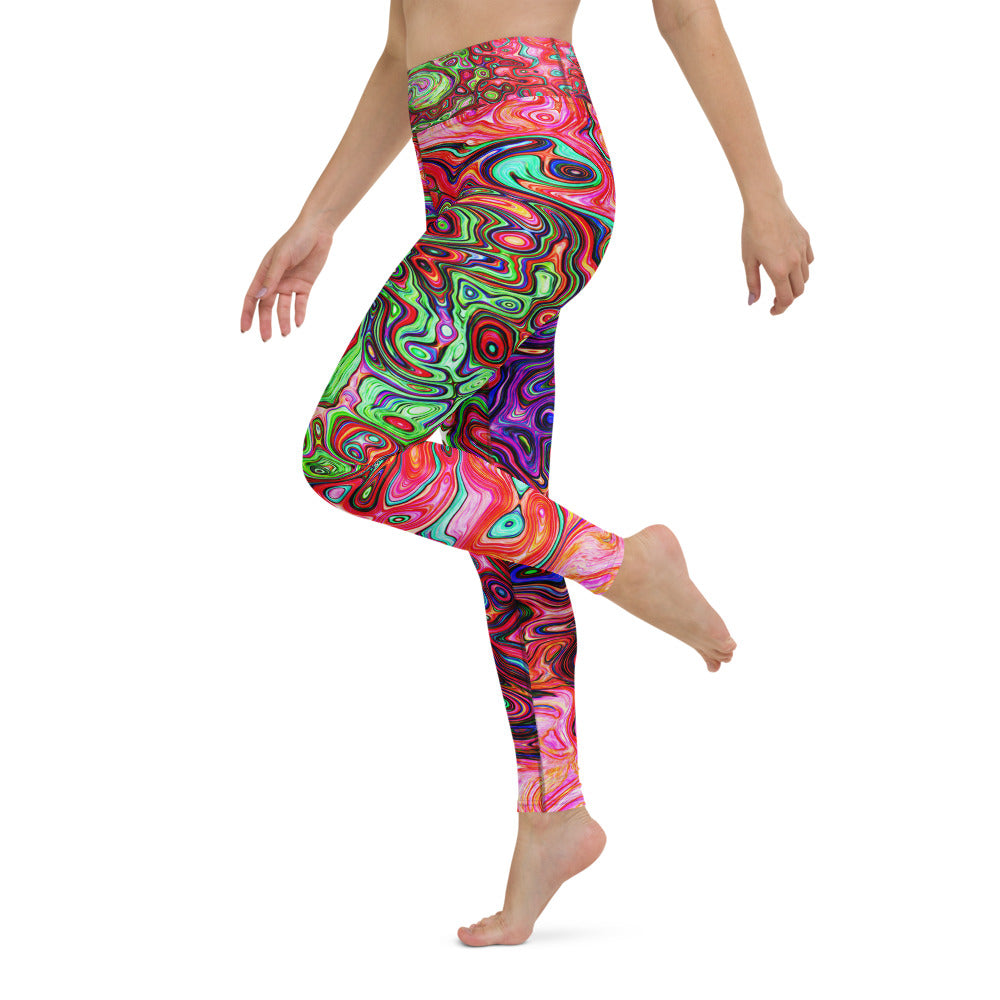 Yoga Leggings for Women, Watercolor Red Groovy Abstract Retro Liquid Swirl