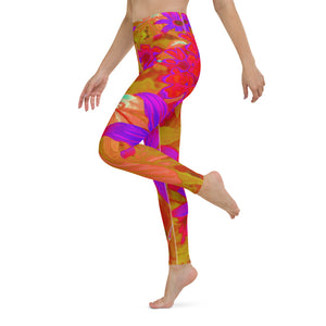Yoga Leggings for Women, Colorful Ultra-Violet, Magenta and Red Wildflowers