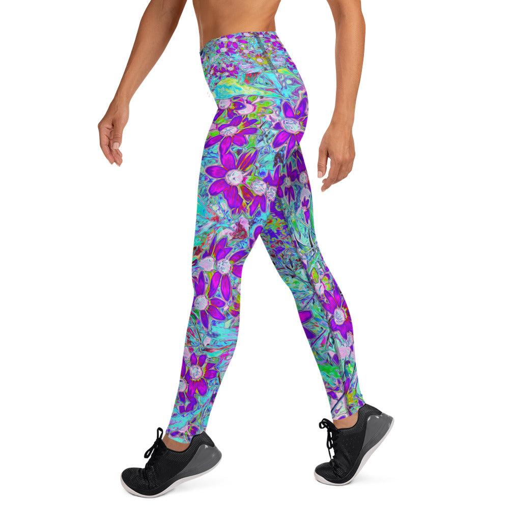 Yoga Leggings for Women, Aqua Garden with Violet Blue and Hot Pink Flowers