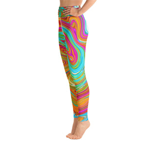 Yoga Leggings for Women, Blue, Orange and Hot Pink Groovy Abstract Retro Art