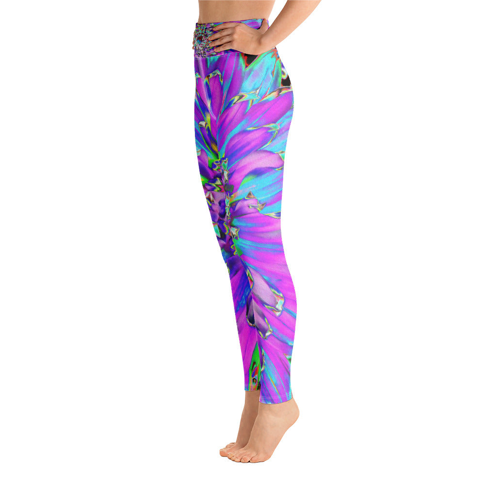 Yoga Leggings for Women, Trippy Abstract Aqua, Lime Green and Purple Dahlia