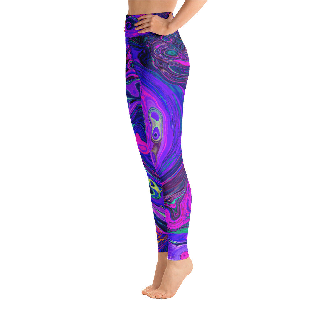 Yoga Leggings for Women, Groovy Abstract Retro Magenta and Purple Swirl