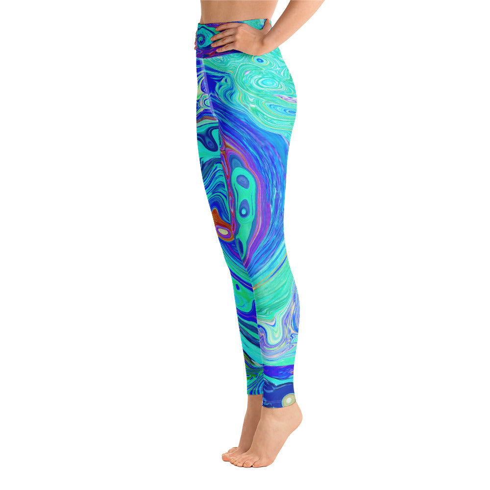 Yoga Leggings for Women, Groovy Abstract Ocean Blue and Green Liquid Swirl
