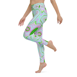 Yoga Leggings for Women, Retro Abstract Pink, Lime Green and Aqua Pattern