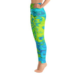Yoga Leggings for Women, Groovy Chartreuse and Aquamarine Liquid Swirl