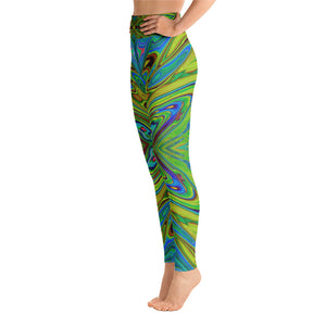 Yoga Leggings for Women, Trippy Chartreuse and Blue Abstract Butterfly