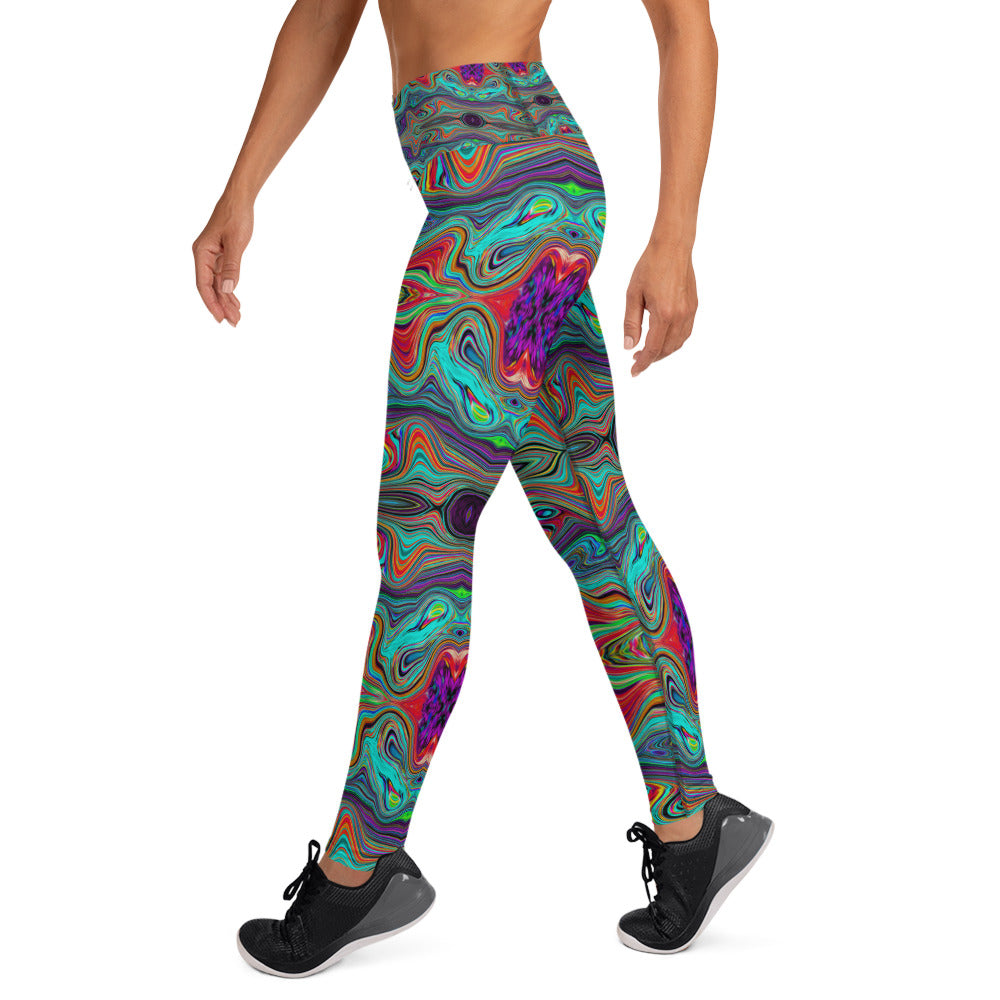 Yoga Leggings for Women, Wavy Sea Foam Green and Red Trippy Pattern