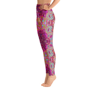 Yoga Leggings for Women, Abstract Magenta, Pink, Blue and Red Groovy Pattern