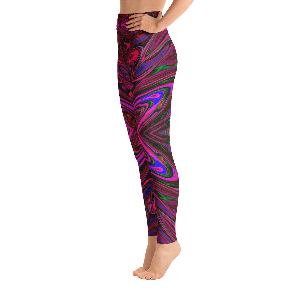 Yoga Leggings for Women, Trippy Hot Pink, Red and Blue Abstract Butterfly