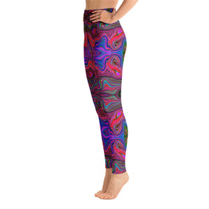 Yoga Leggings for Women, Wavy Blue and Rainbow Red Trippy Pattern