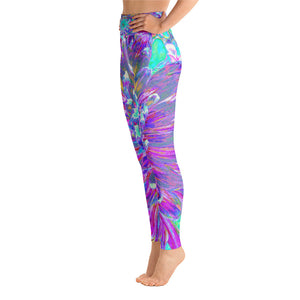 Yoga Leggings for Women, Purple and Robin's Egg Blue Decorative Dahlia