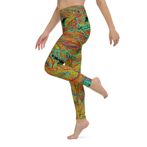 Yoga Leggings for Women, Abstract Burnt Orange and Green Dahlia Bloom