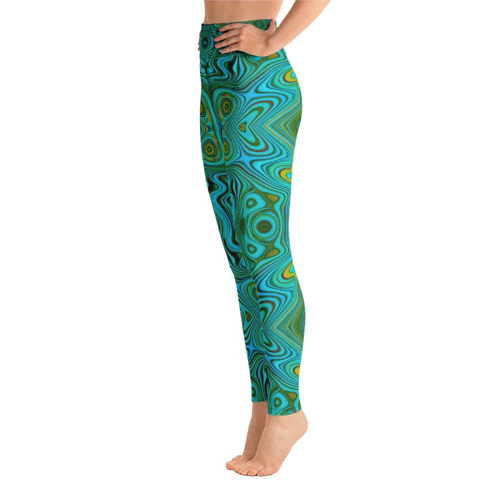 Yoga Leggings for Women, Trippy Retro Turquoise Chartreuse Abstract Pattern