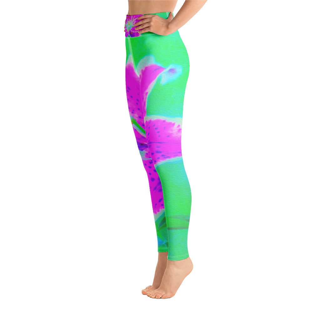 Yoga Leggings for Women, Hot Pink Stargazer Lily on Turquoise and Green