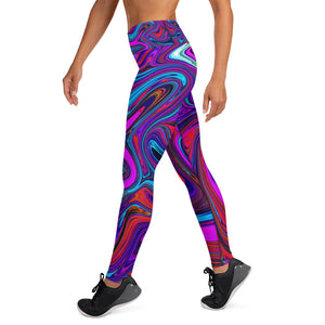 Yoga Leggings for Women, Marbled Magenta, Blue and Red Abstract Art