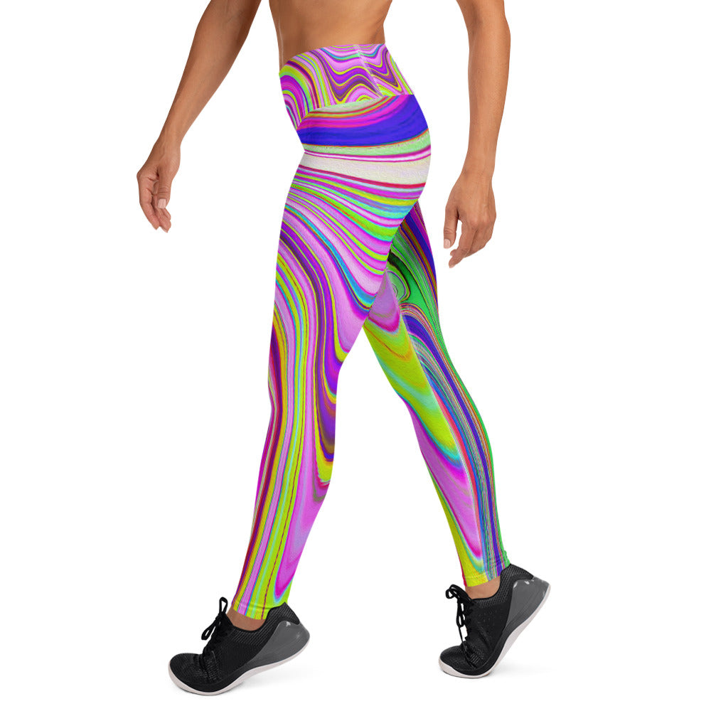 Yoga Leggings for Women, Trippy Yellow and Pink Abstract Groovy Retro Art