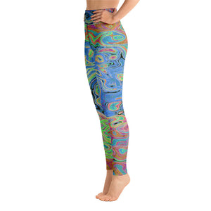 Yoga Leggings for Women, Watercolor Blue Groovy Abstract Retro Liquid Swirl