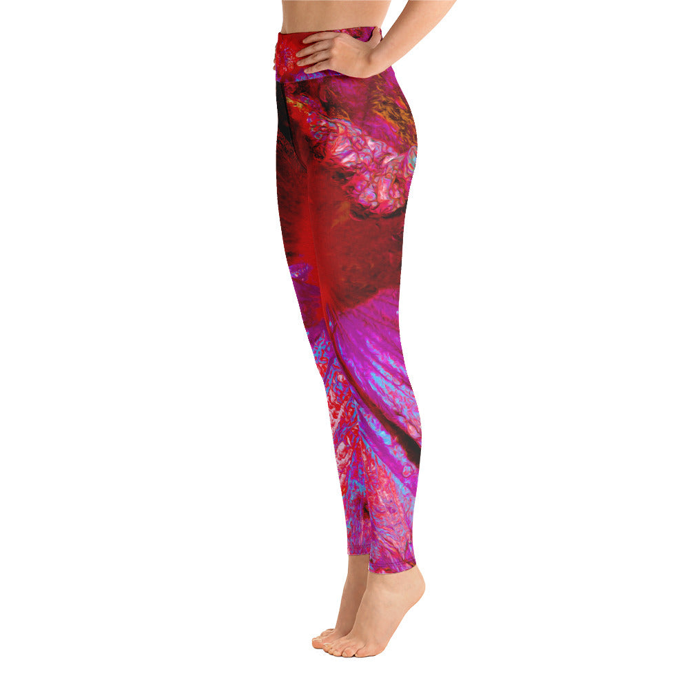 Yoga Leggings for Women, Psychedelic Trippy Retro Red Hibiscus Flower