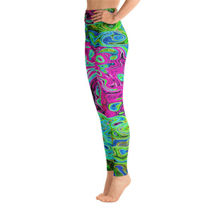 Yoga Leggings for Women, Hot Pink and Blue Groovy Abstract Retro Liquid Swirl