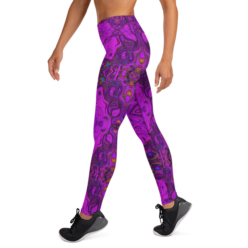 Yoga Leggings for Women, Abstract Magenta and Black Groovy Pattern