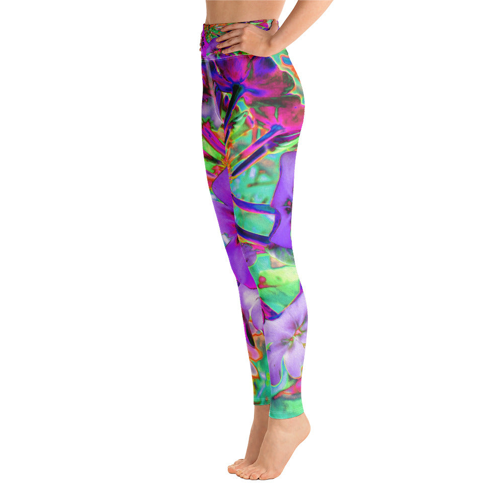 Yoga Leggings for Women, Dramatic Psychedelic Magenta and Purple Flowers