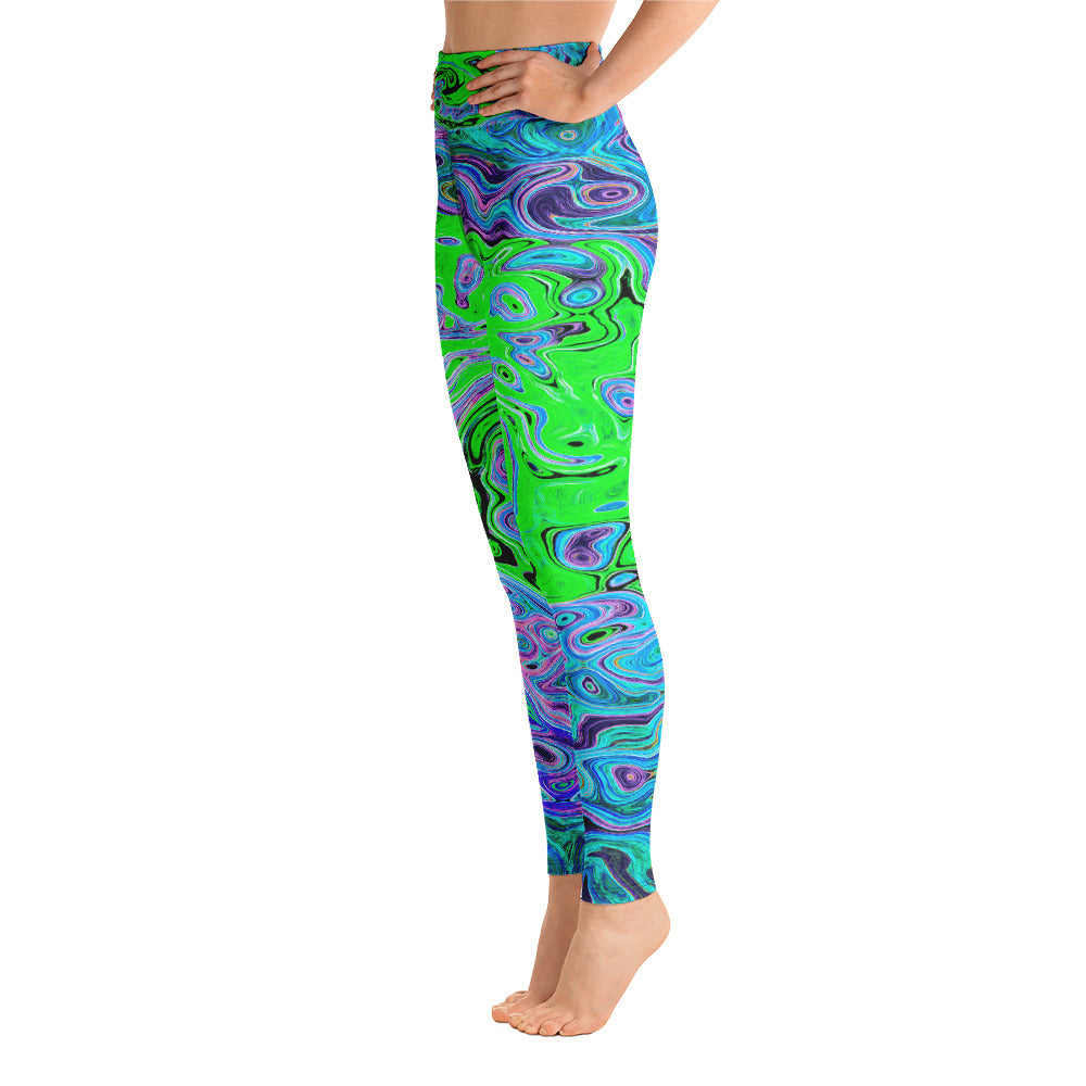 Yoga Leggings, Lime Green Groovy Abstract Retro Liquid Swirl