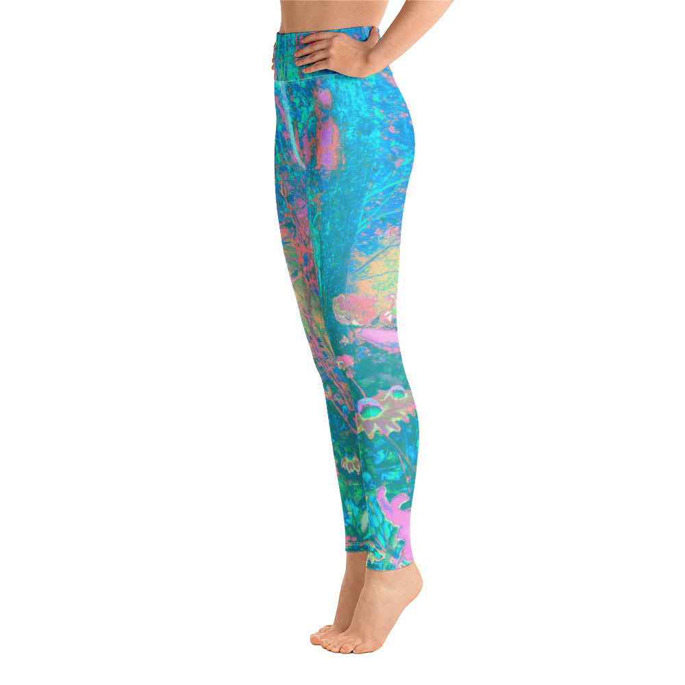 Yoga Leggings, Trippy Aqua Sunrise with Psychedelic Garden Flowers