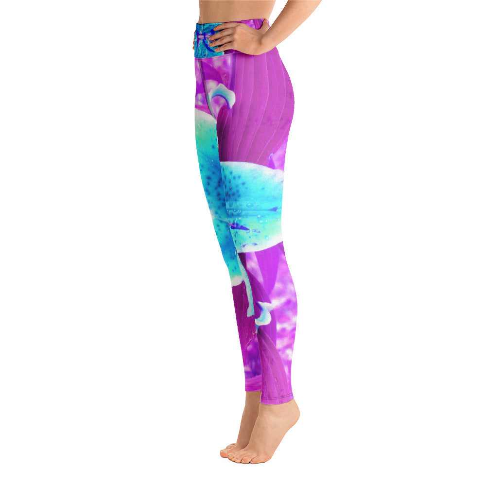 Yoga Leggings, Pretty Aqua Blue Stargazer Lily on Purple