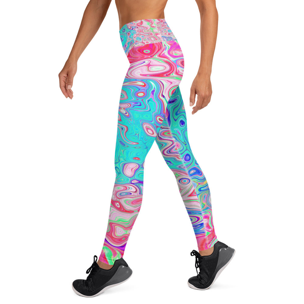 Yoga Leggings, Groovy Aqua Blue and Pink Abstract Retro Swirl