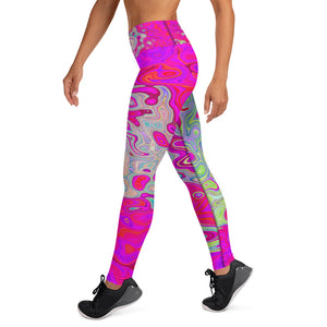Yoga Leggings, Groovy Abstract Teal Blue and Red Swirl