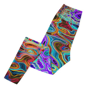 Yoga Leggings, Purple Colorful Groovy Abstract Retro Liquid Swirl