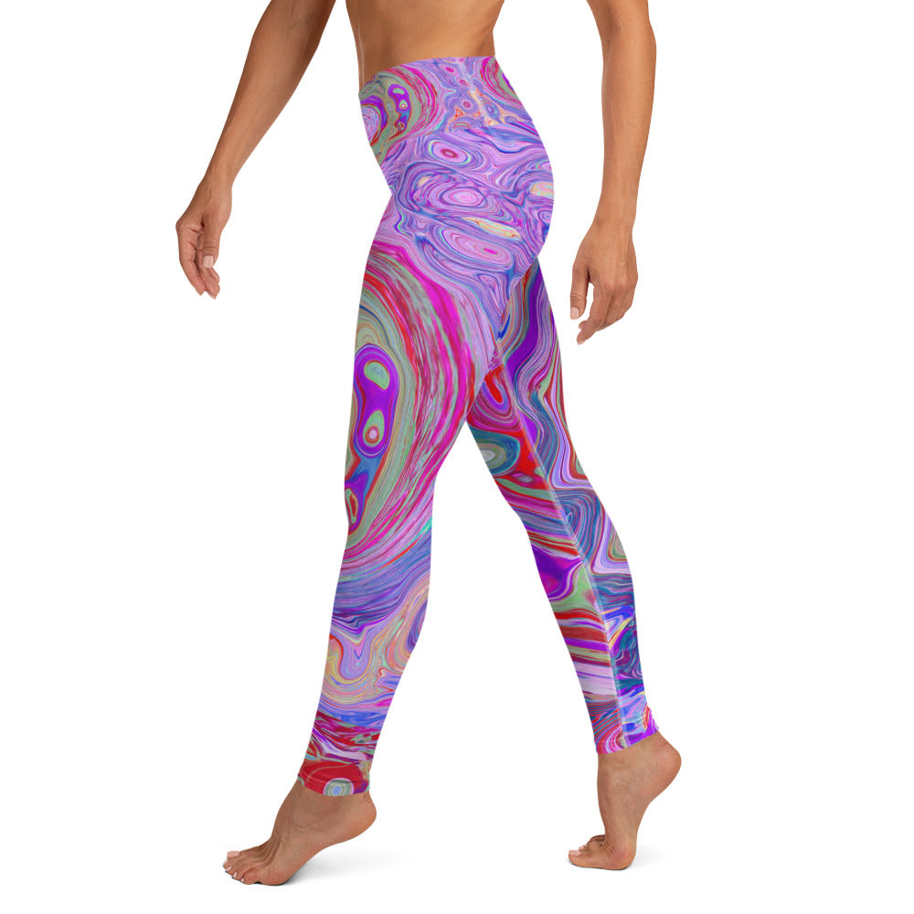 Yoga Leggings, Groovy Abstract Retro Red, Purple and Pink Swirl