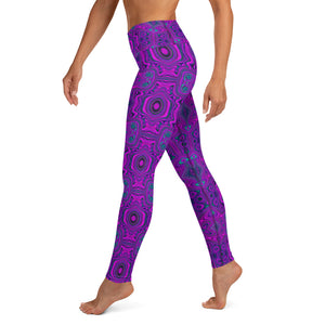 Yoga Leggings, Trippy Retro Magenta and Black Abstract Pattern