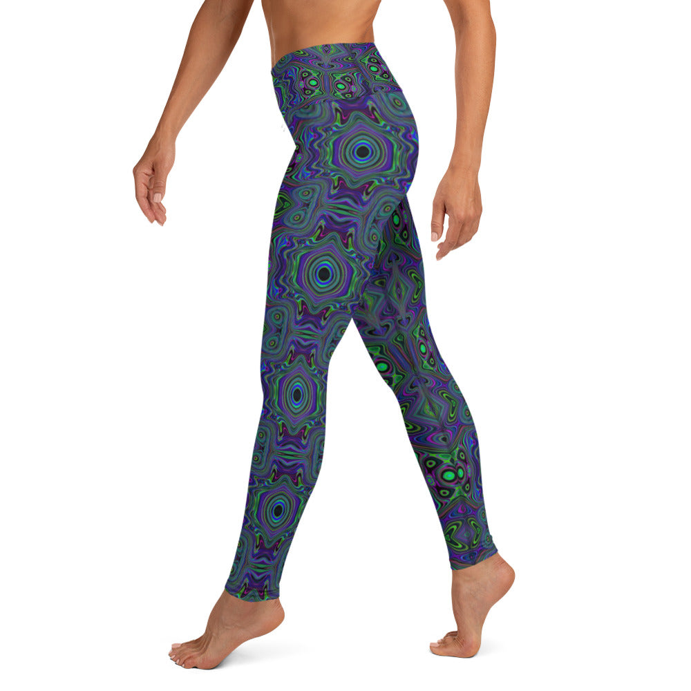 Yoga Leggings, Trippy Retro Royal Blue and Lime Green Abstract