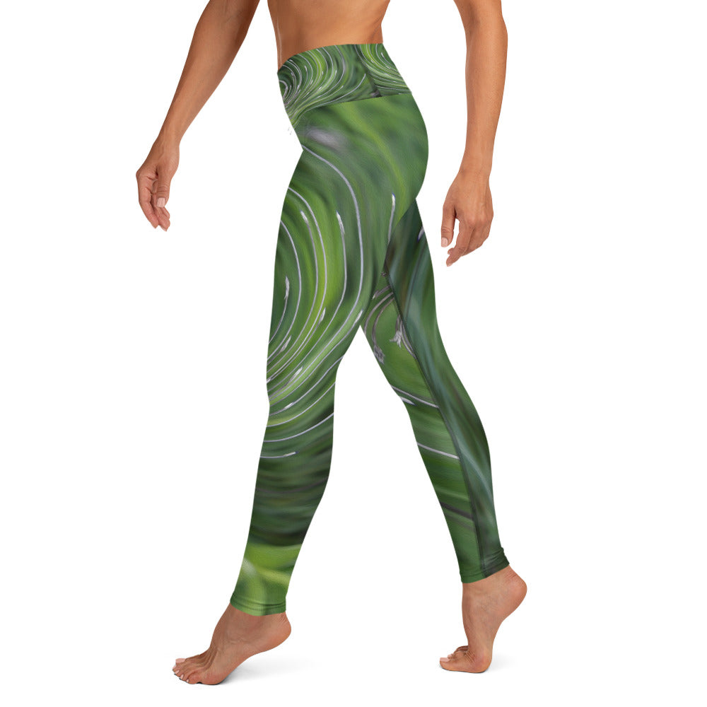 Yoga Leggings, Cool Abstract Retro Chartreuse Green Floral Swirl