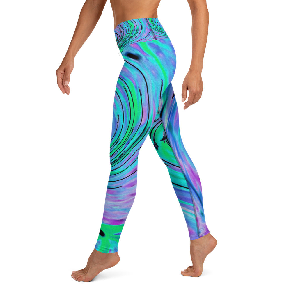 Yoga Leggings, Cool Abstract Lime Green and Purple Floral Swirl