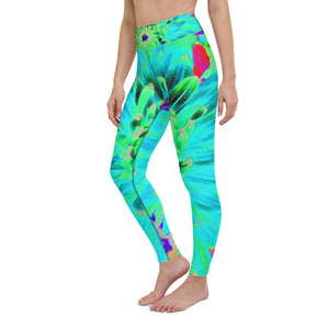 Yoga Leggings for Women, Unique Abstract Turquoise Green Dahlia Flower